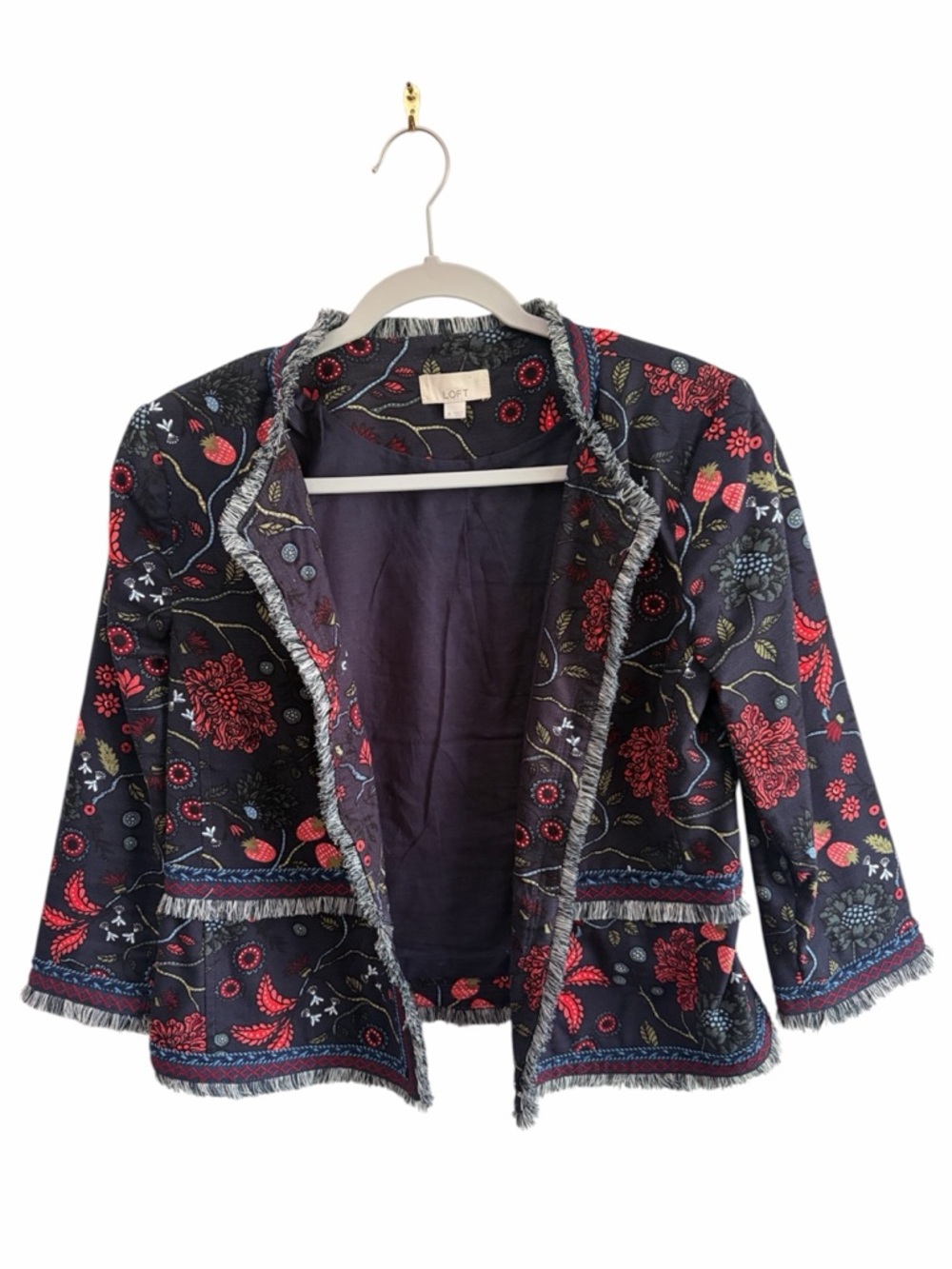 LOFT Navy Strawberry Floral Print Open Front Fringe Blazer 6 Office Interview